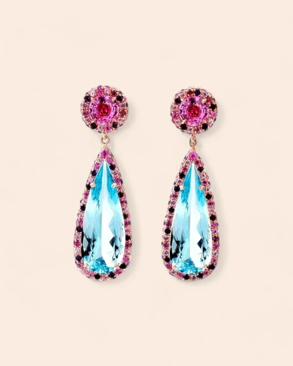 Captivating Pink Sapphire and Aquamarine Drop Earrings in 18K Gold - Image 2